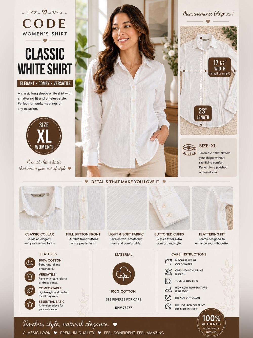 CODE Women’s Size 12 White 100% Cotton Long Sleeve Button Front Shirt
